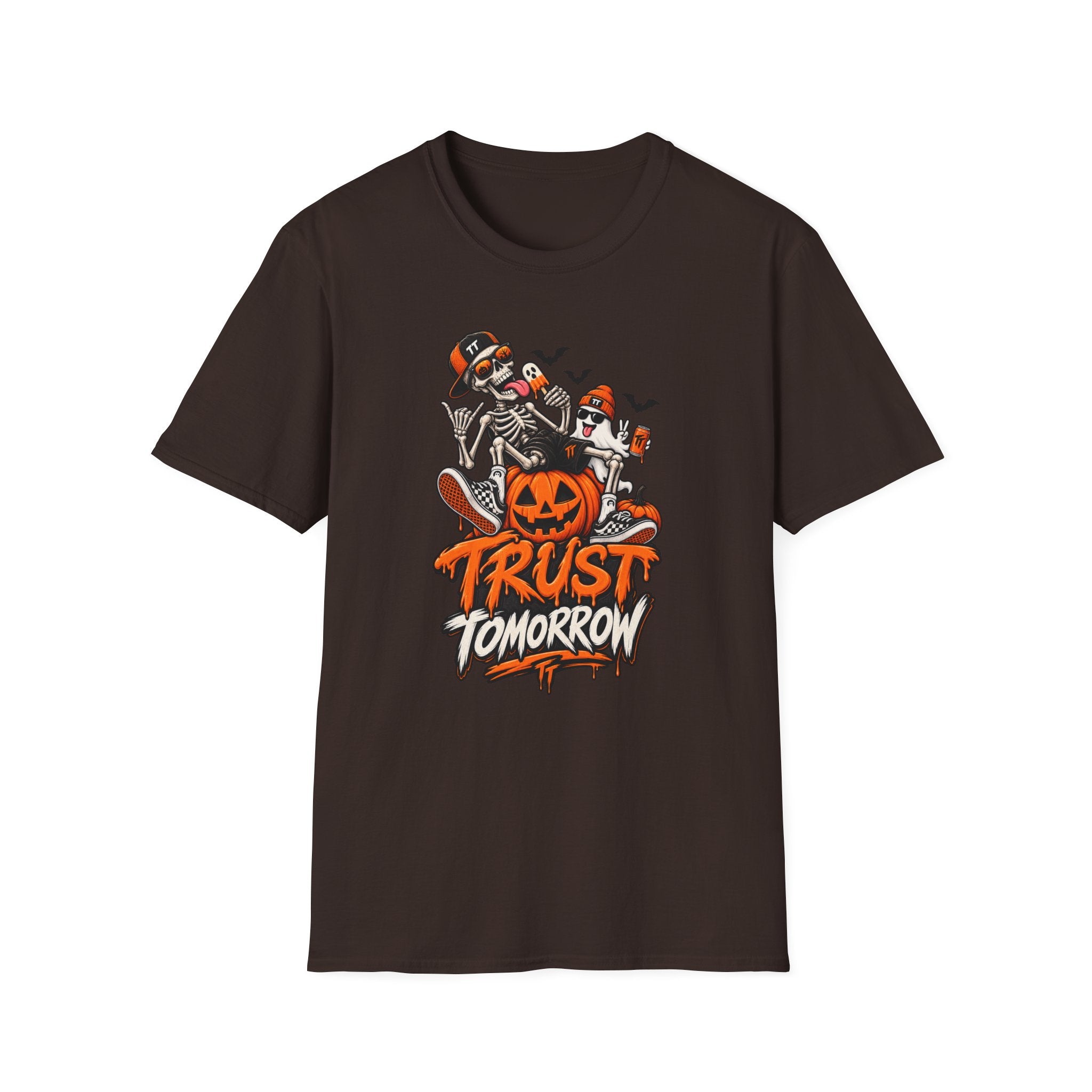 Halloween Skeletons Pumpkin T‑Shirt — “Trust Tomorrow” Graphic Tee