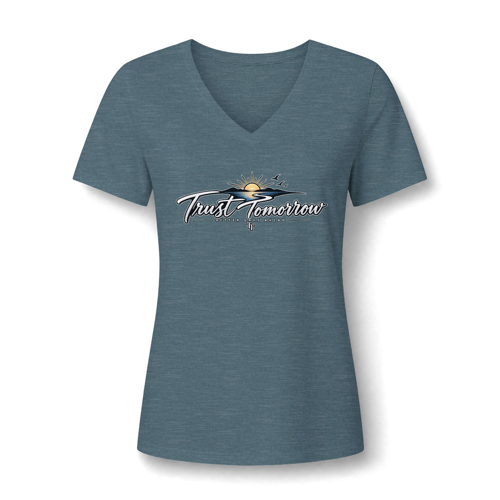 Women's V-Neck Tee — 'Trust Tomorrow' Sunrise Graphic Comfort Shirt