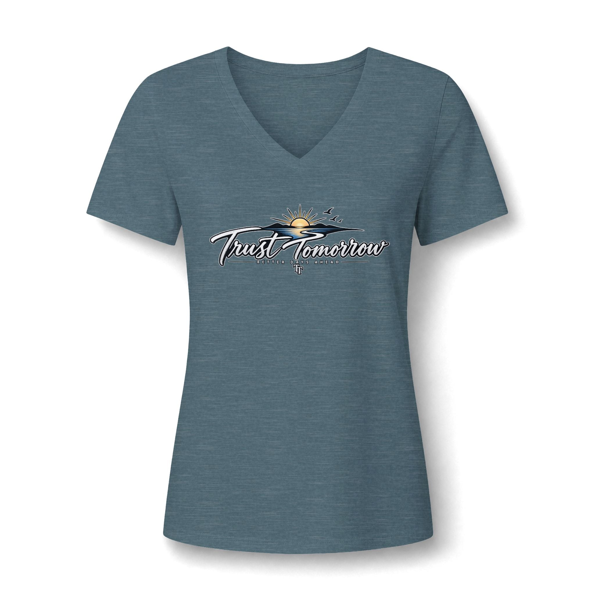 Women's V-Neck Tee — 'Trust Tomorrow' Sunrise Graphic Comfort Shirt