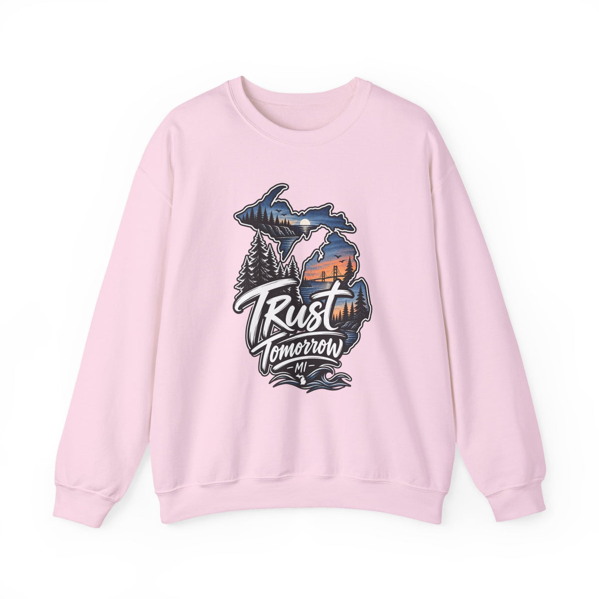 Michigan 'Trust Tomorrow' Crewneck Sweatshirt – Scenic Sunset Lake Design