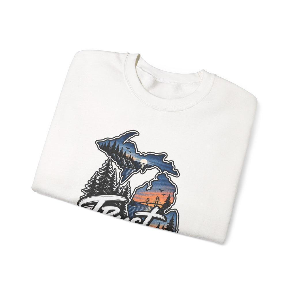 Michigan 'Trust Tomorrow' Crewneck Sweatshirt – Scenic Sunset Lake Design