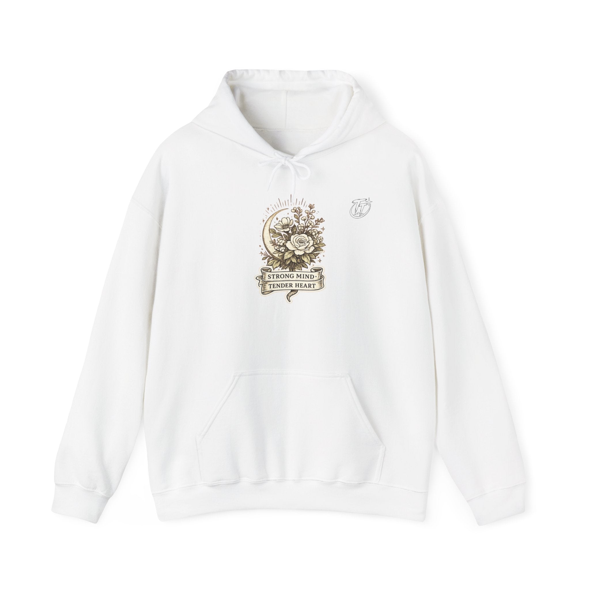 Floral Crescent Moon Hoodie — "Strong Mind, Gentle Heart" Comfort Sweatshirt