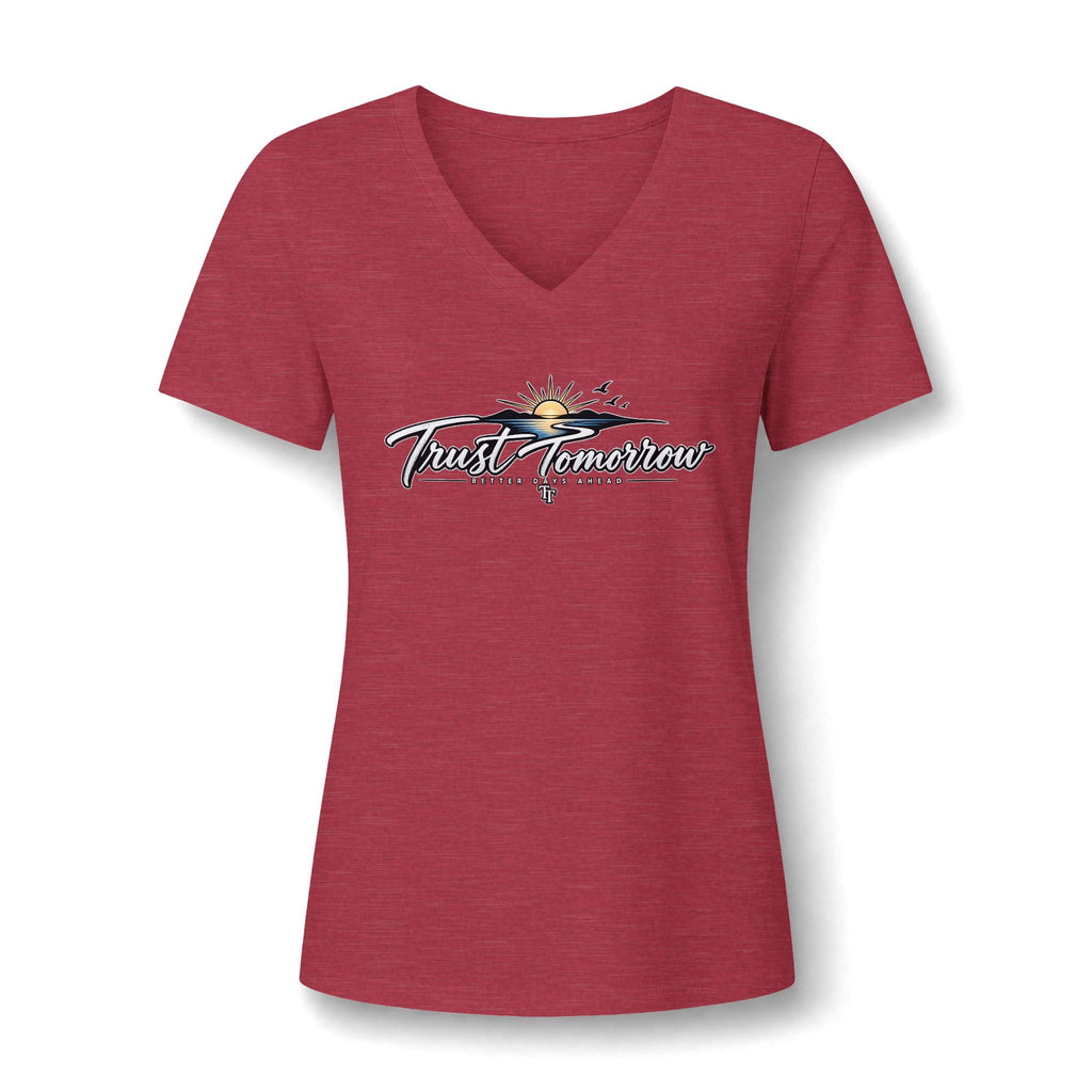 Women's V-Neck Tee — 'Trust Tomorrow' Sunrise Graphic Comfort Shirt
