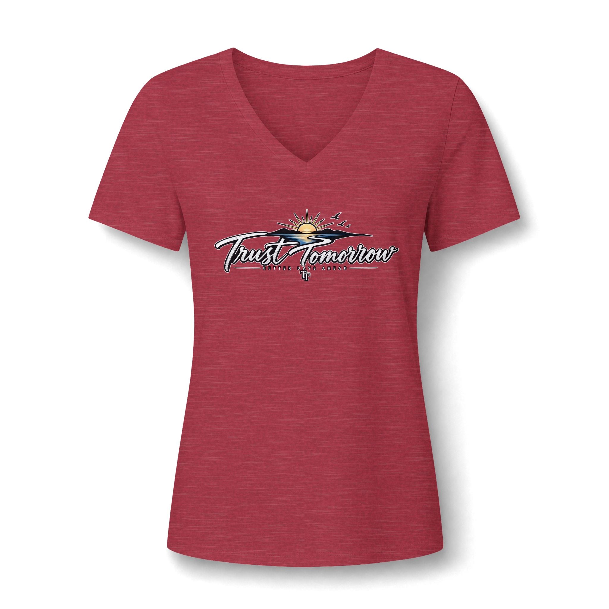 Women's V-Neck Tee — 'Trust Tomorrow' Sunrise Graphic Comfort Shirt