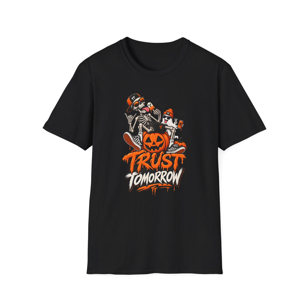 Halloween Skeletons Pumpkin T‑Shirt — “Trust Tomorrow” Graphic Tee