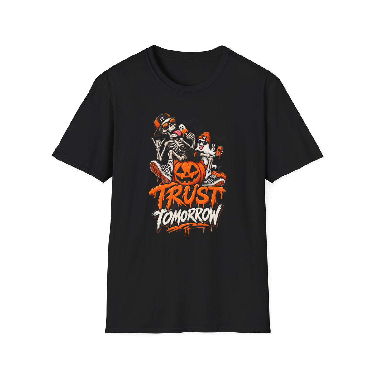 Halloween Skeletons Pumpkin T‑Shirt — “Trust Tomorrow” Graphic Tee
