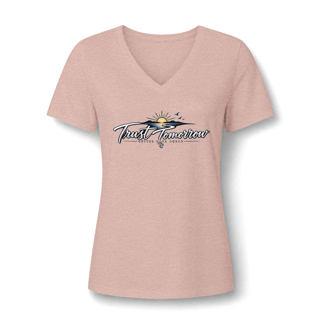 Women's V-Neck Tee — 'Trust Tomorrow' Sunrise Graphic Comfort Shirt