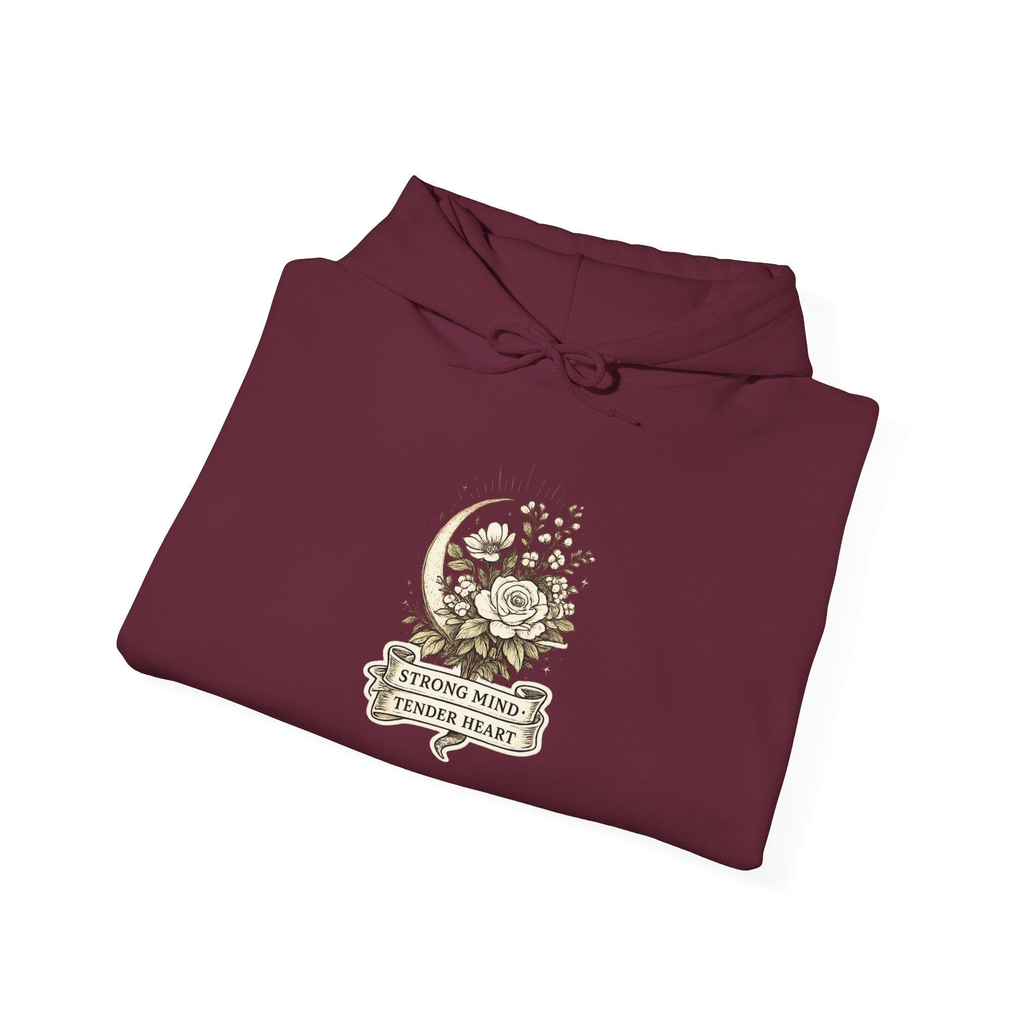 Floral Crescent Moon Hoodie — "Strong Mind, Gentle Heart" Comfort Sweatshirt