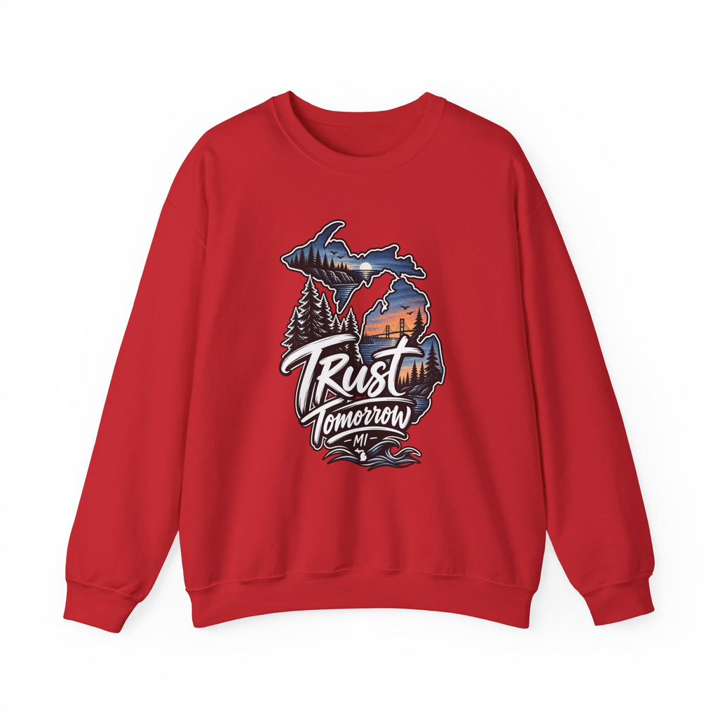 Michigan 'Trust Tomorrow' Crewneck Sweatshirt – Scenic Sunset Lake Design