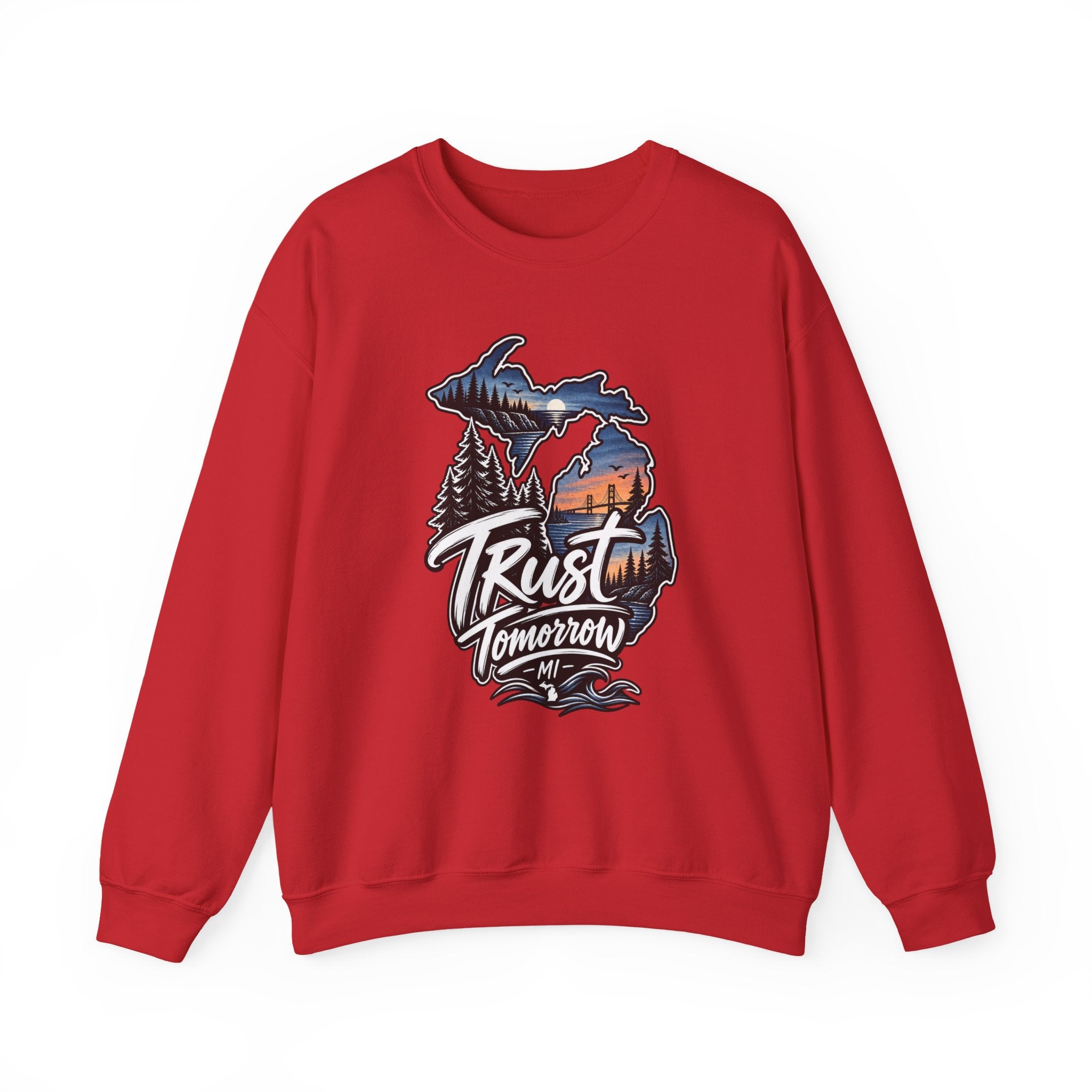 Michigan 'Trust Tomorrow' Crewneck Sweatshirt – Scenic Sunset Lake Design