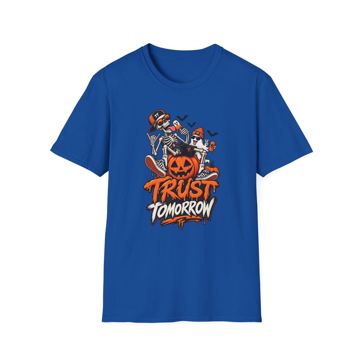 Halloween Skeletons Pumpkin T‑Shirt — “Trust Tomorrow” Graphic Tee