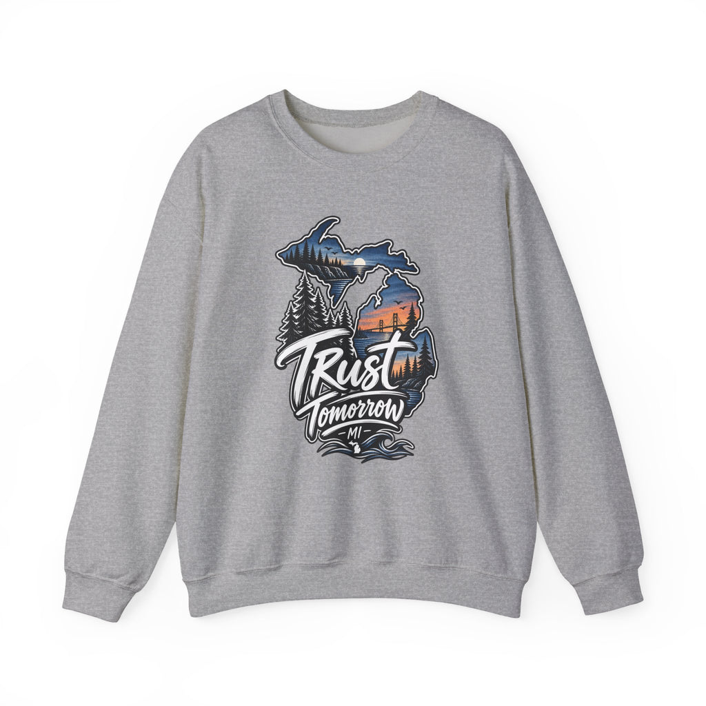 Michigan 'Trust Tomorrow' Crewneck Sweatshirt – Scenic Sunset Lake Design