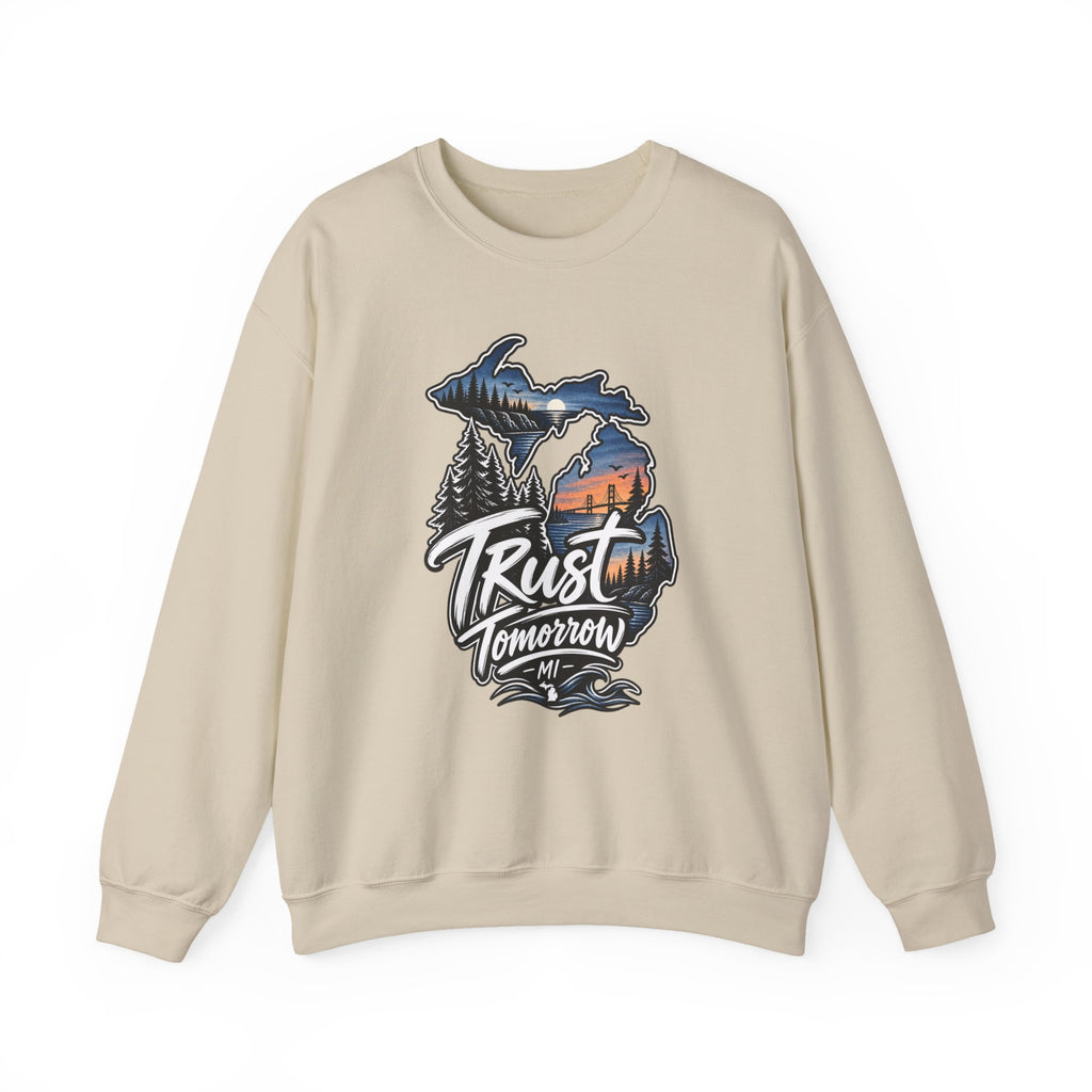 Michigan 'Trust Tomorrow' Crewneck Sweatshirt – Scenic Sunset Lake Design