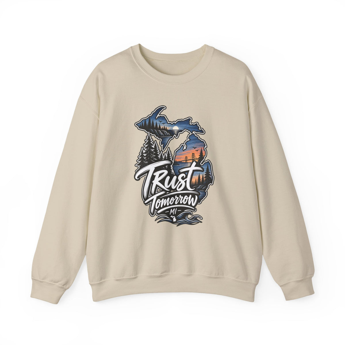 Michigan 'Trust Tomorrow' Crewneck Sweatshirt – Scenic Sunset Lake Design