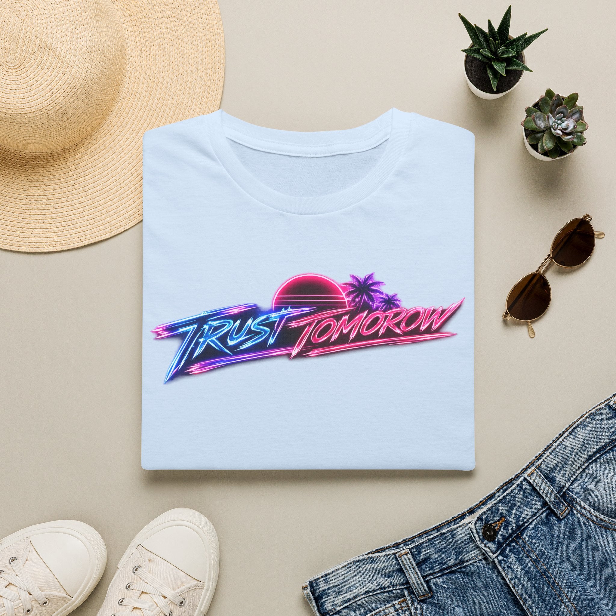 T-Shirt — Retro 'Trust Tomorrow' Neon Sunset Graphic Tee