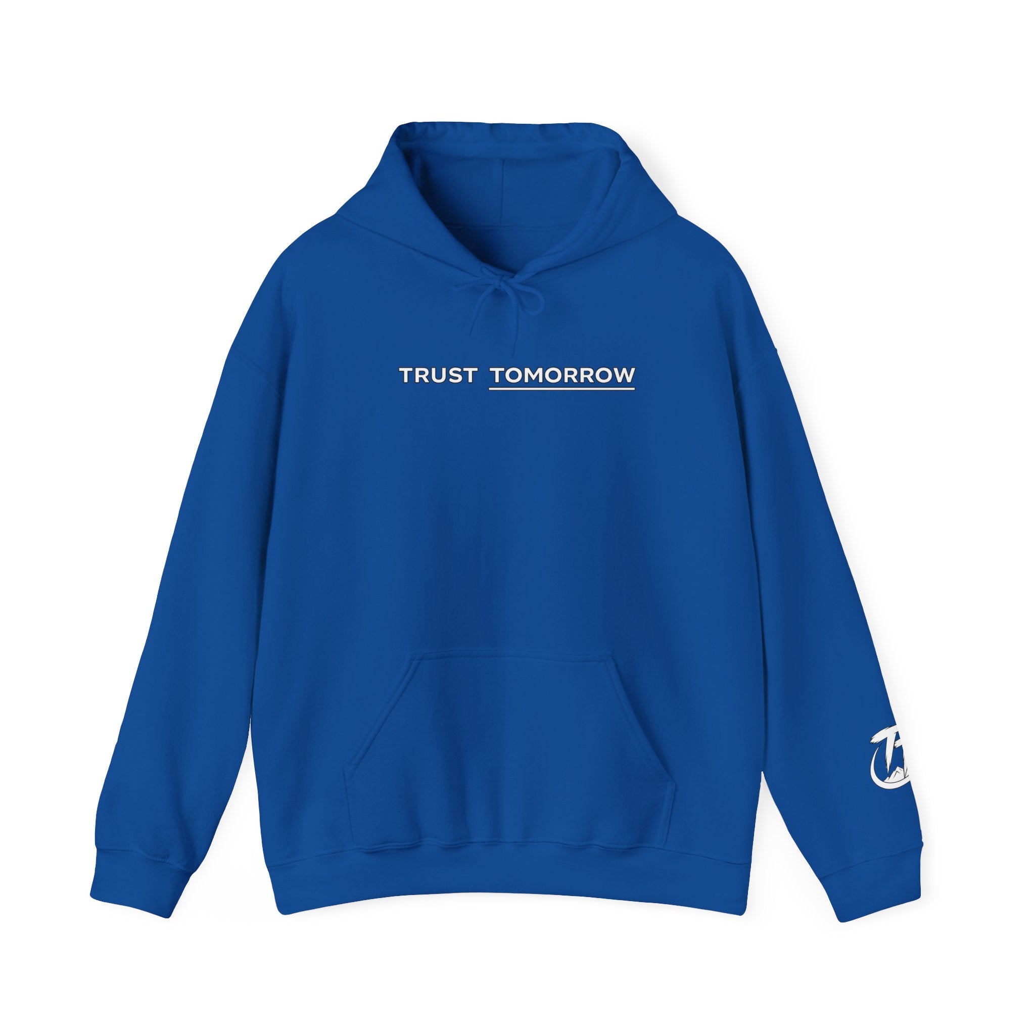 Trust Tomorrow Hoodie — Minimal White Pullover with Subtle Text
