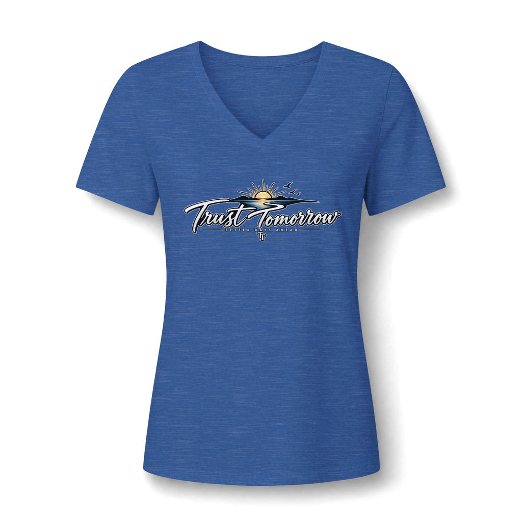 Women's V-Neck Tee — 'Trust Tomorrow' Sunrise Graphic Comfort Shirt