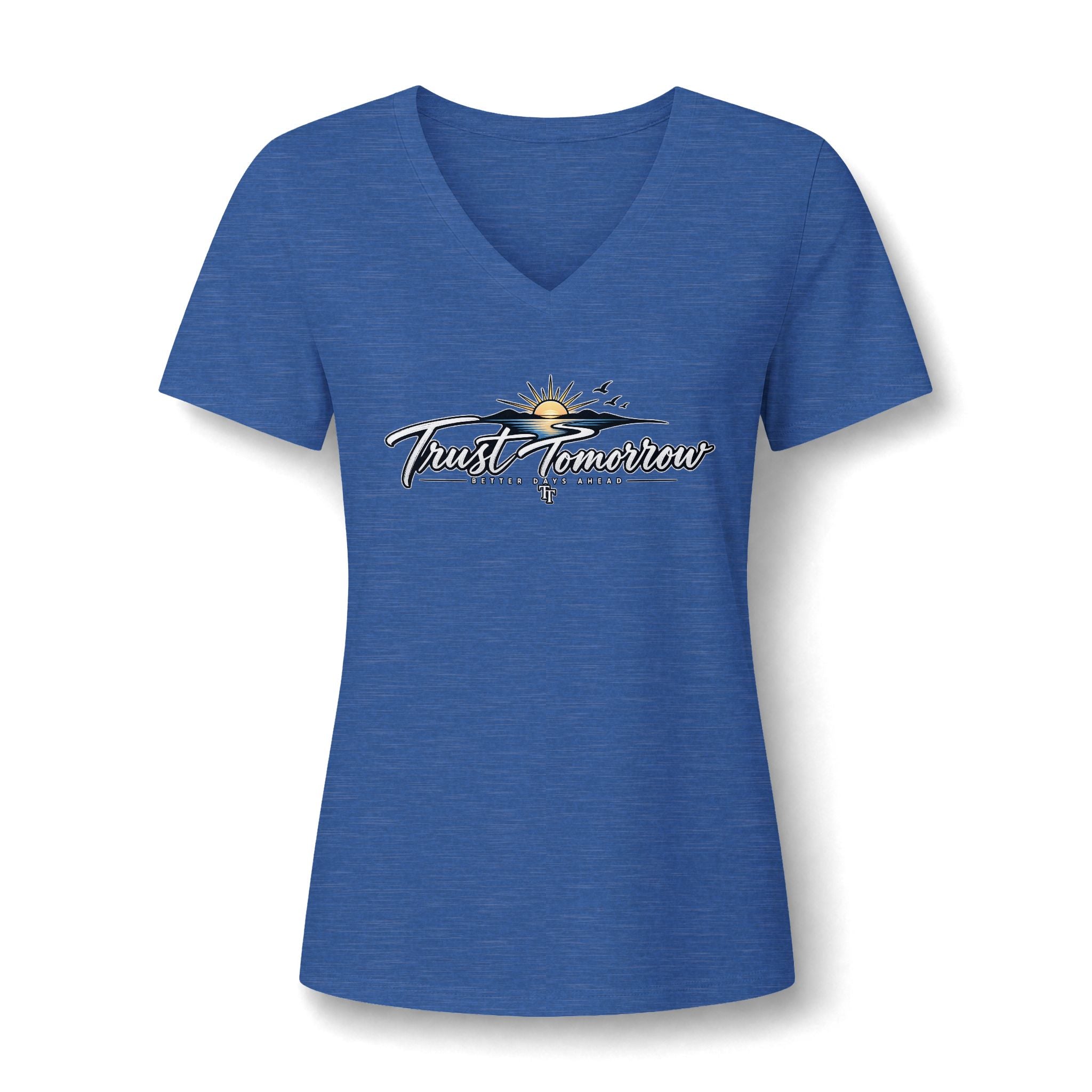 Women's V-Neck Tee — 'Trust Tomorrow' Sunrise Graphic Comfort Shirt