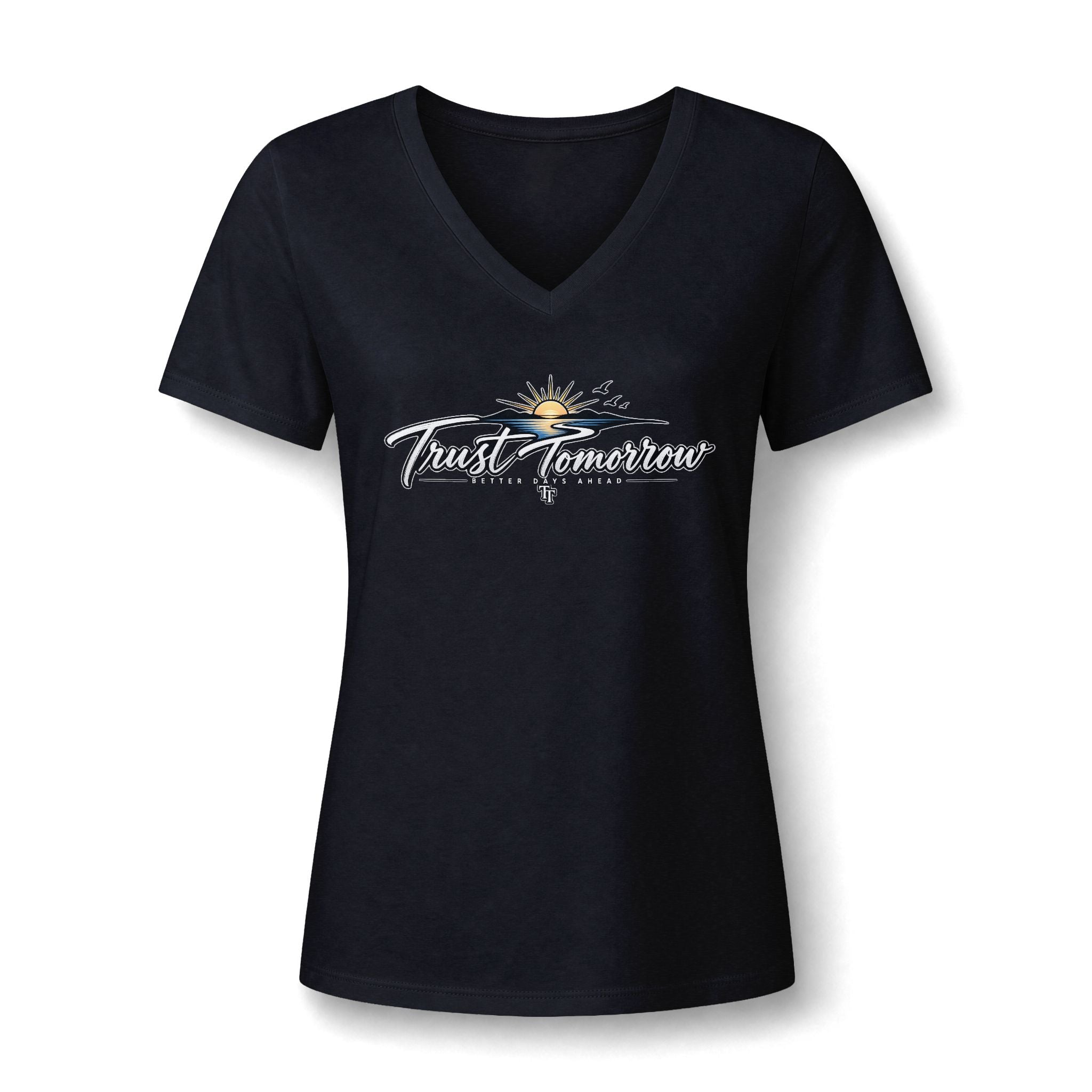 Women's V-Neck Tee — 'Trust Tomorrow' Sunrise Graphic Comfort Shirt