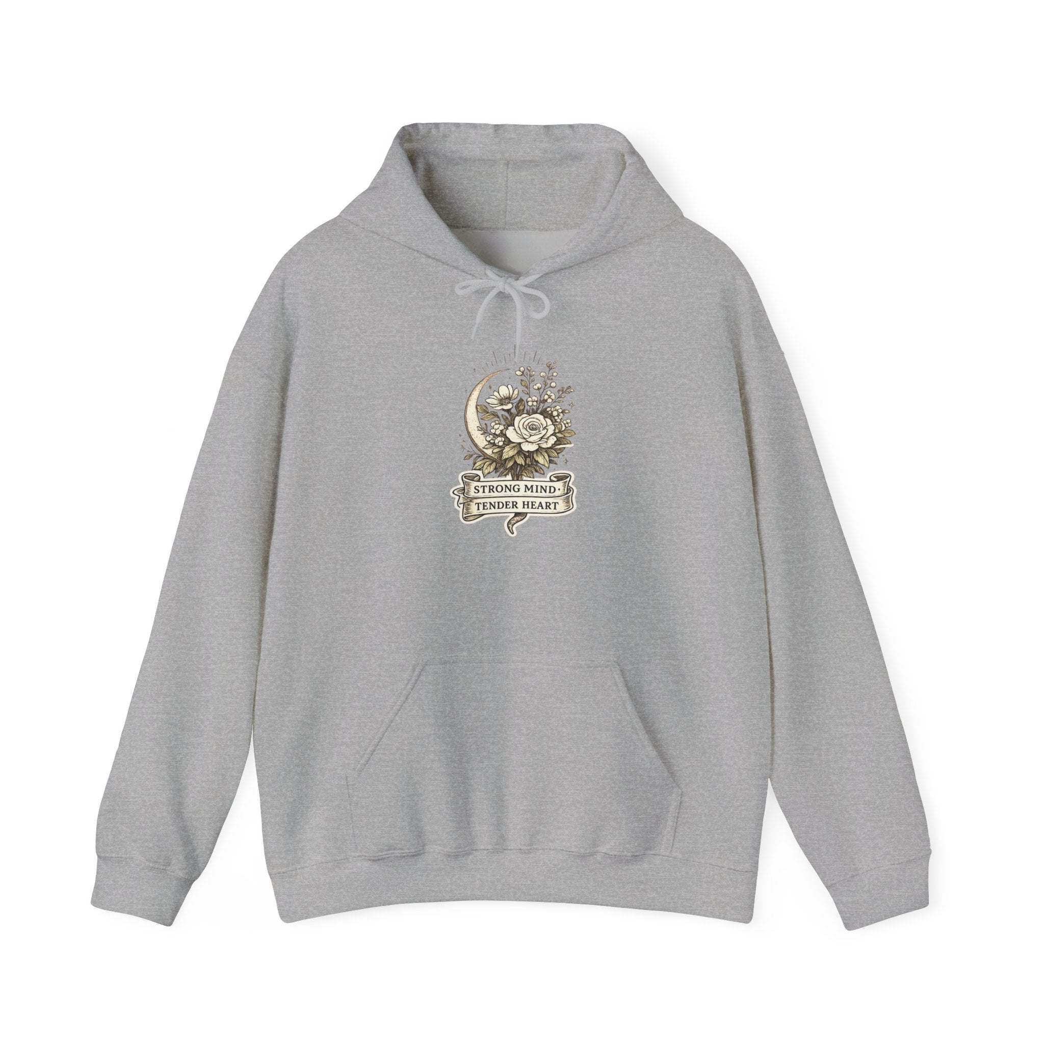 Floral Crescent Moon Hoodie — "Strong Mind, Gentle Heart" Comfort Sweatshirt