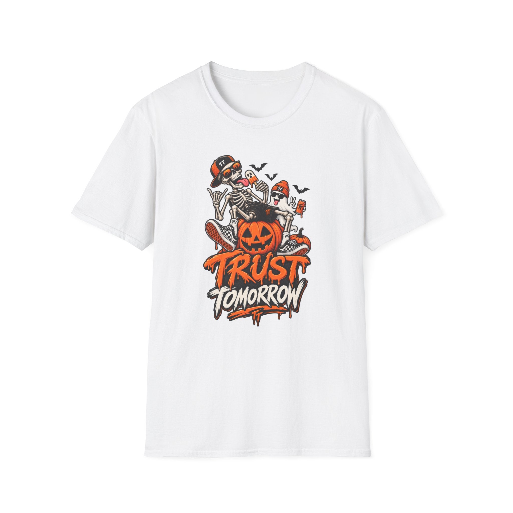 Halloween Skeletons Pumpkin T‑Shirt — “Trust Tomorrow” Graphic Tee