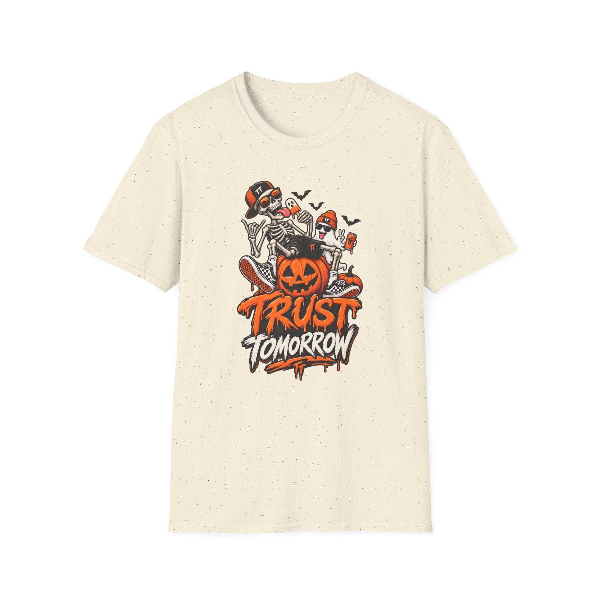 Halloween Skeletons Pumpkin T‑Shirt — “Trust Tomorrow” Graphic Tee