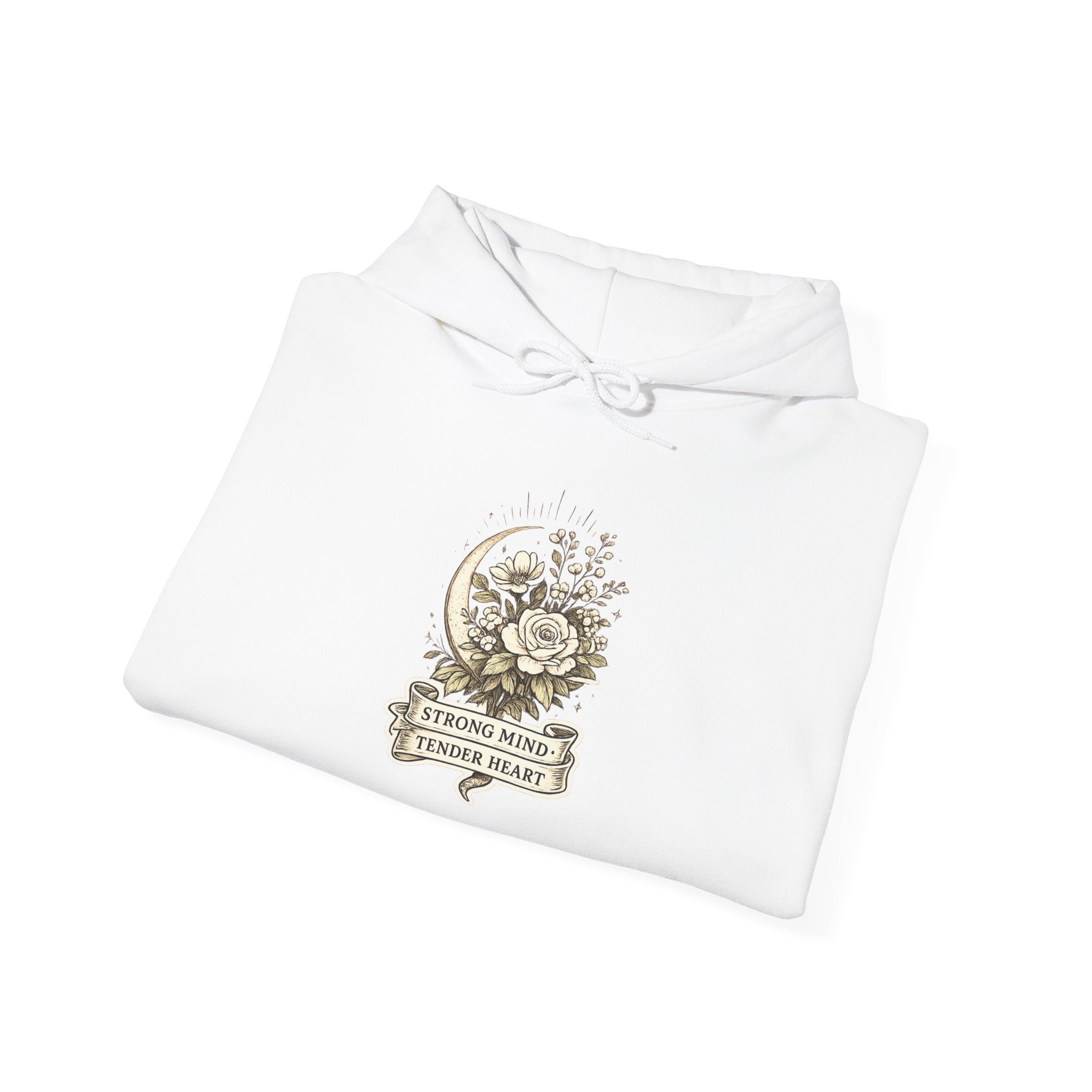 Floral Crescent Moon Hoodie — "Strong Mind, Gentle Heart" Comfort Sweatshirt