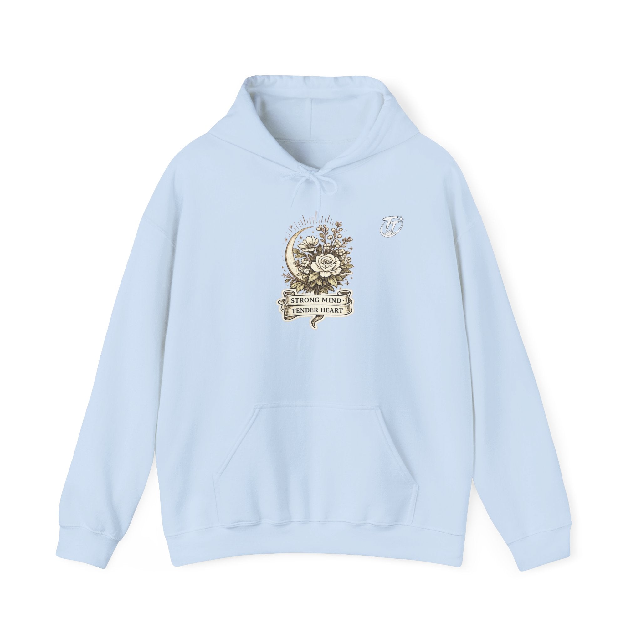 Floral Crescent Moon Hoodie — "Strong Mind, Gentle Heart" Comfort Sweatshirt