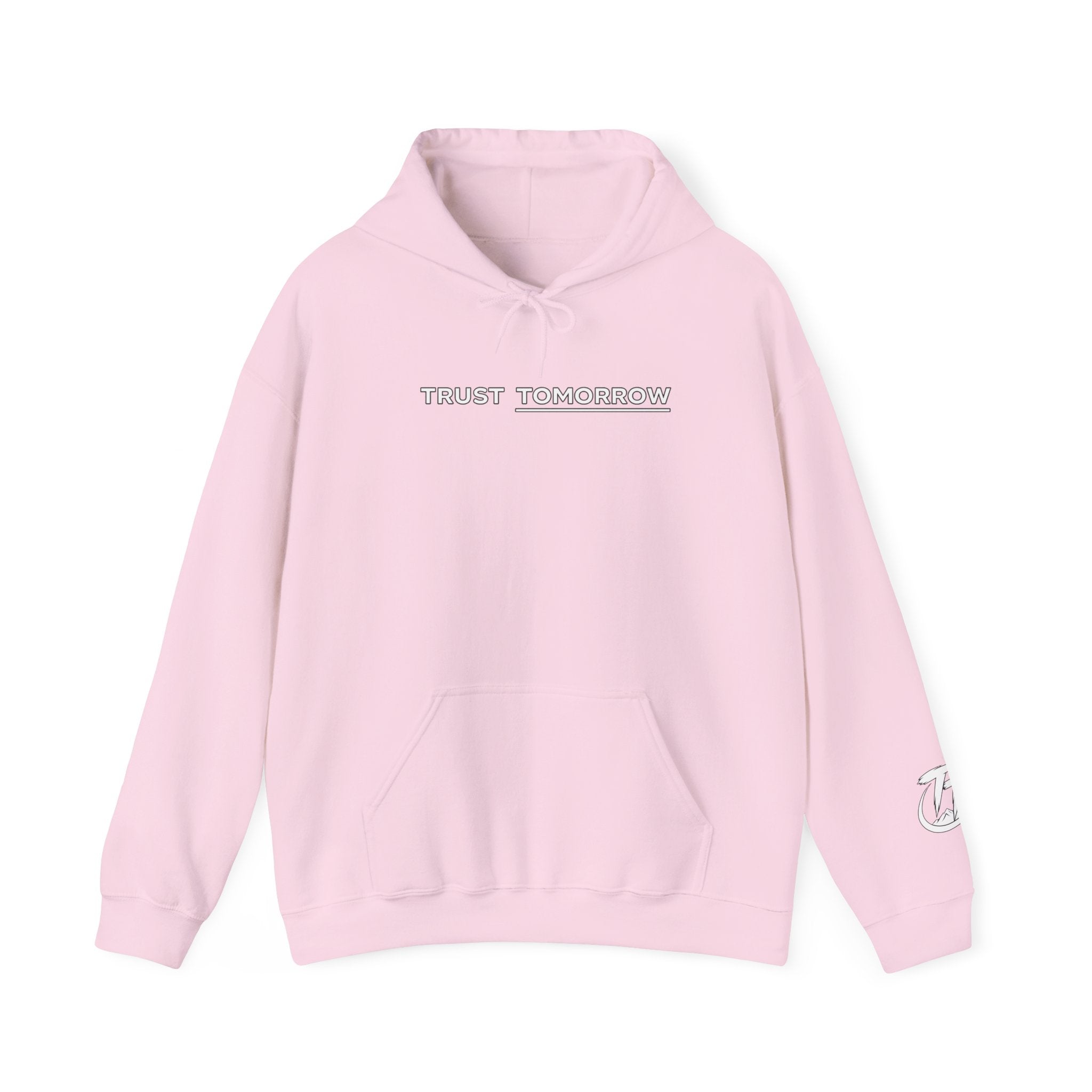Trust Tomorrow Hoodie — Minimal White Pullover with Subtle Text