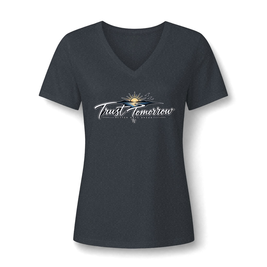 Women's V-Neck Tee — 'Trust Tomorrow' Sunrise Graphic Comfort Shirt