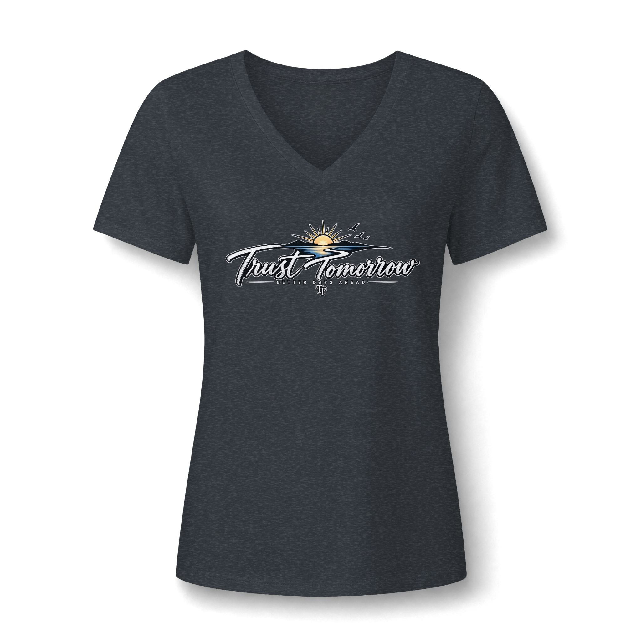 Women's V-Neck Tee — 'Trust Tomorrow' Sunrise Graphic Comfort Shirt
