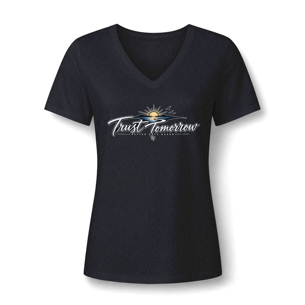 Women's V-Neck Tee — 'Trust Tomorrow' Sunrise Graphic Comfort Shirt
