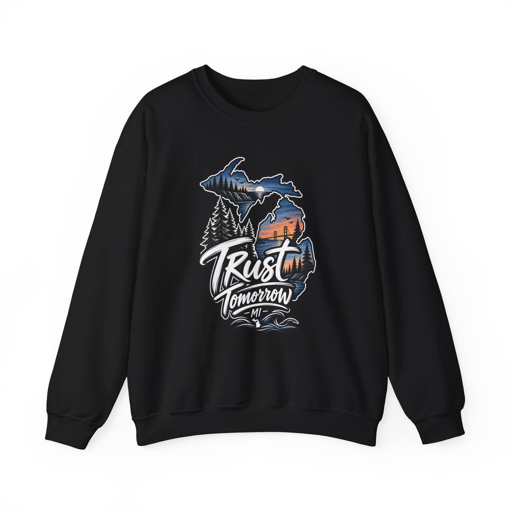 Michigan 'Trust Tomorrow' Crewneck Sweatshirt – Scenic Sunset Lake Design