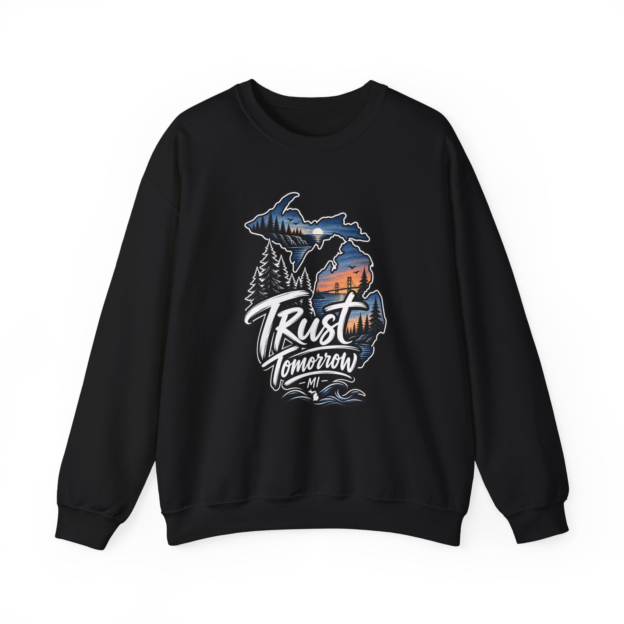 Michigan 'Trust Tomorrow' Crewneck Sweatshirt – Scenic Sunset Lake Design