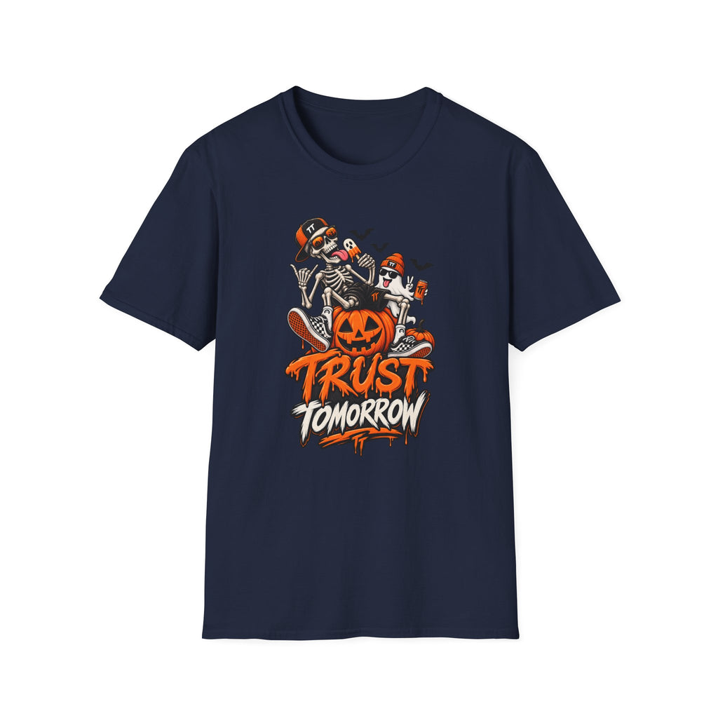 Halloween Skeletons Pumpkin T‑Shirt — “Trust Tomorrow” Graphic Tee