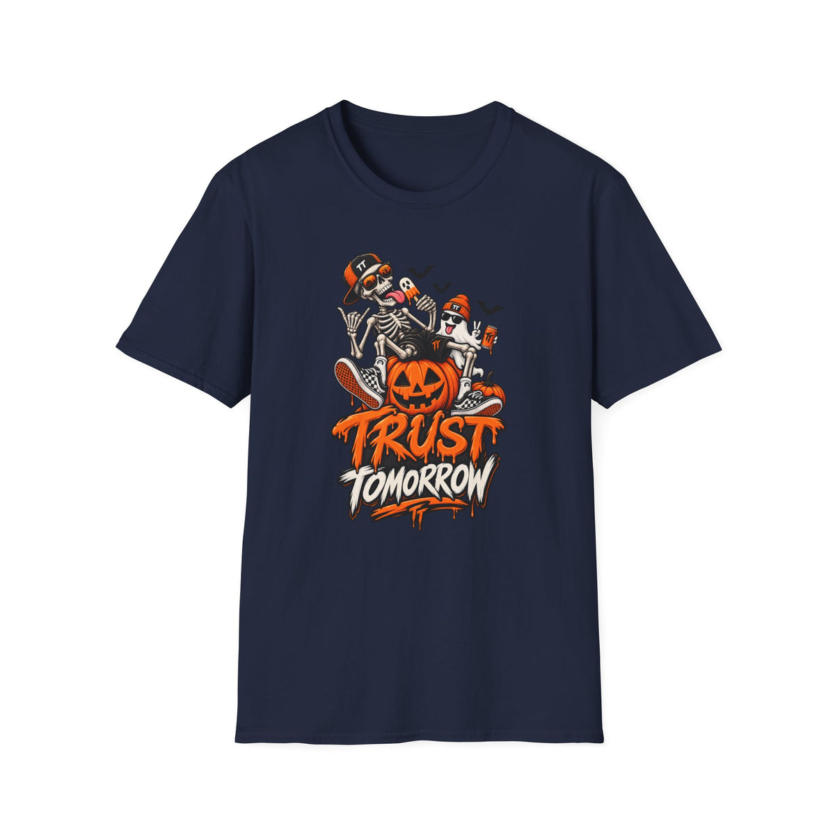Halloween Skeletons Pumpkin T‑Shirt — “Trust Tomorrow” Graphic Tee