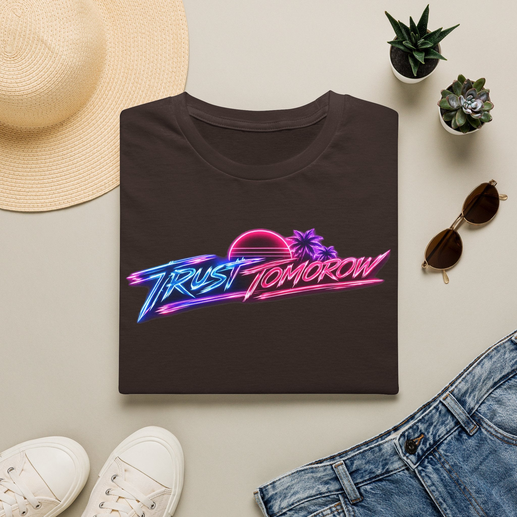 T-Shirt — Retro 'Trust Tomorrow' Neon Sunset Graphic Tee