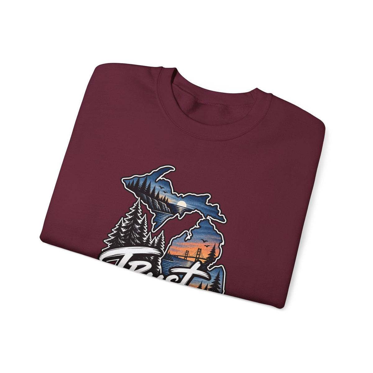 Michigan 'Trust Tomorrow' Crewneck Sweatshirt – Scenic Sunset Lake Design