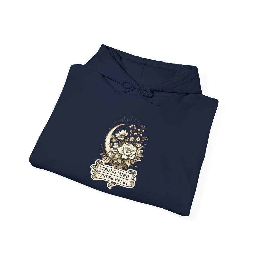 Floral Crescent Moon Hoodie — "Strong Mind, Gentle Heart" Comfort Sweatshirt