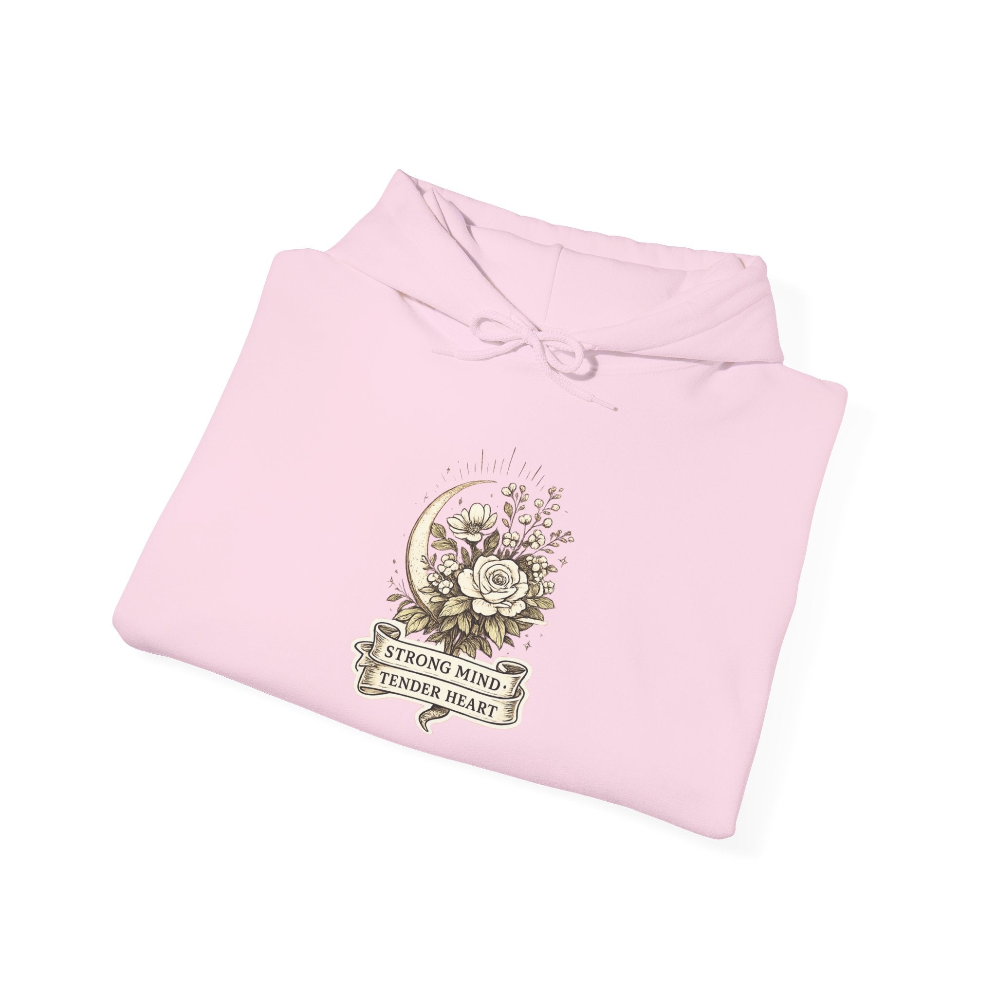Floral Crescent Moon Hoodie — "Strong Mind, Gentle Heart" Comfort Sweatshirt