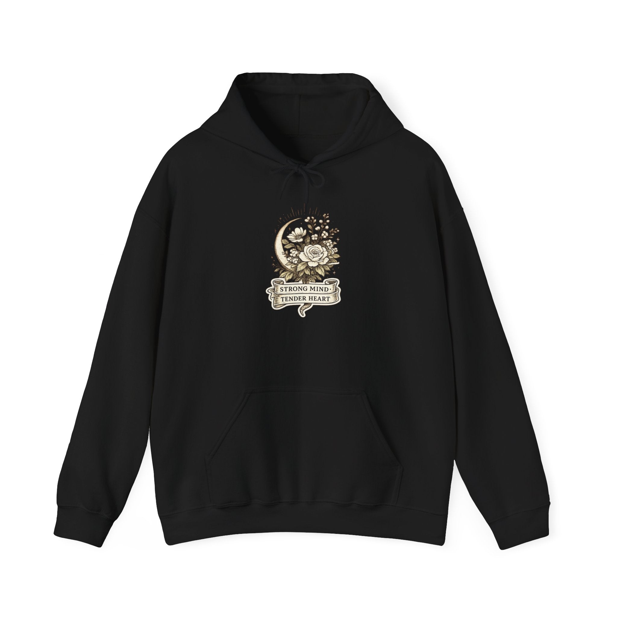 Floral Crescent Moon Hoodie — "Strong Mind, Gentle Heart" Comfort Sweatshirt