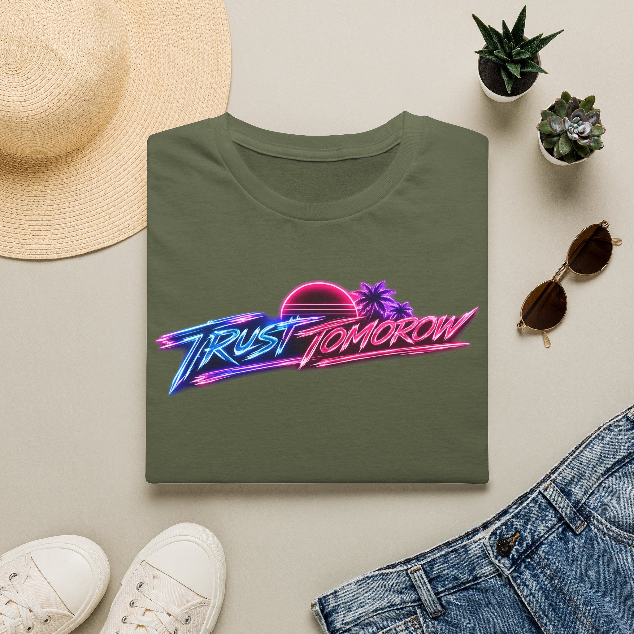 T-Shirt — Retro 'Trust Tomorrow' Neon Sunset Graphic Tee