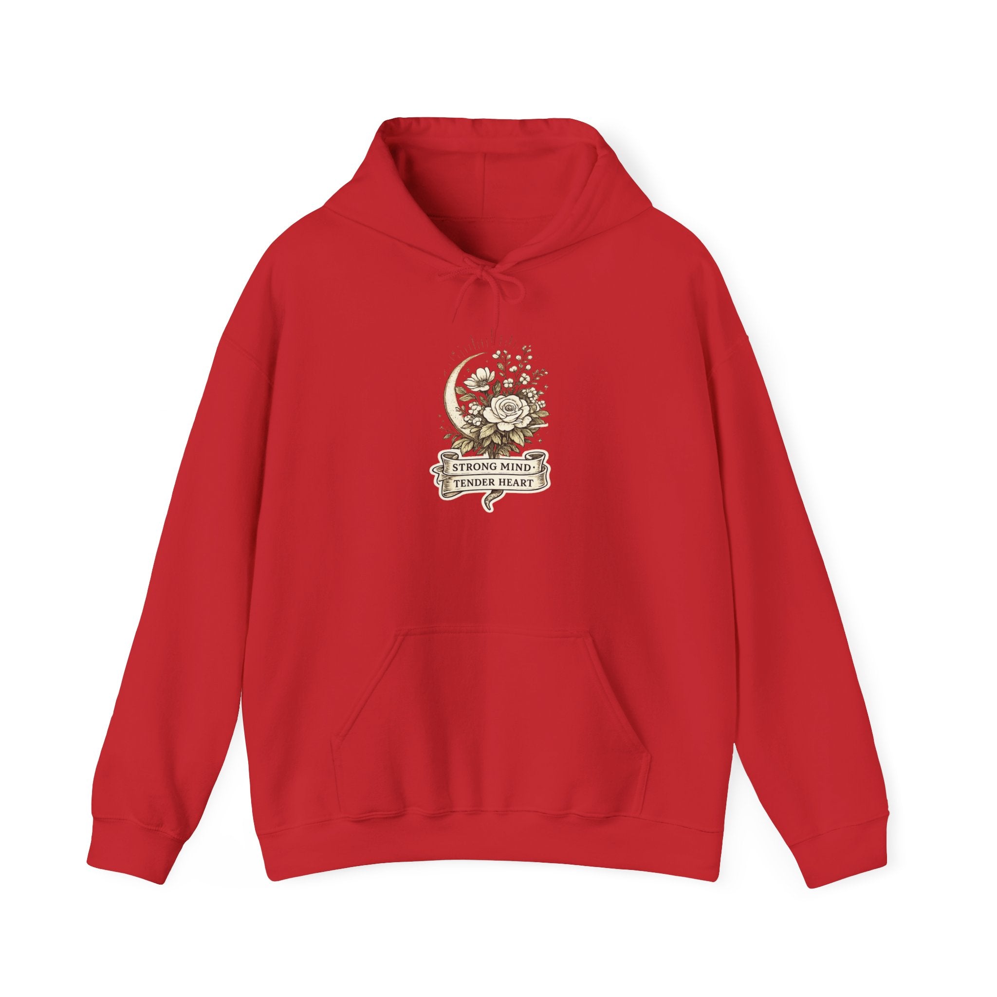 Floral Crescent Moon Hoodie — "Strong Mind, Gentle Heart" Comfort Sweatshirt